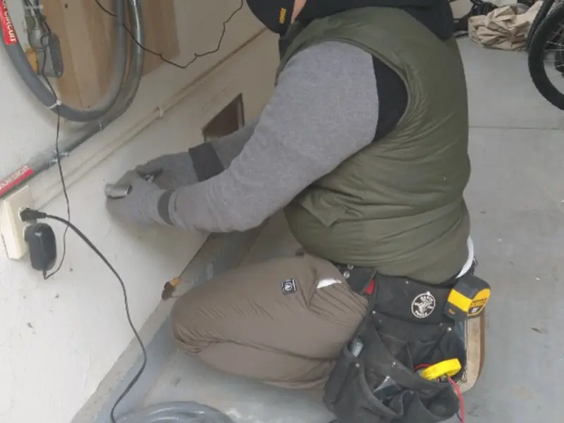 Electrician performing outlet wiring in a Dumont garage
